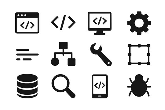 Web development icons: code, gear, wrench, bug, database, responsive design