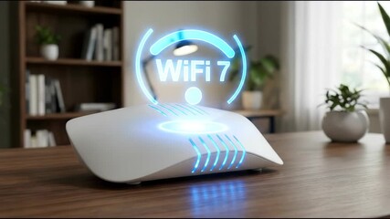 Modern white router activates with WiFi 7 holographic display on wooden desk. High-speed wireless technology for integrated networks and internet of things in home office setup. video footage video