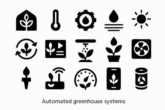 Automated greenhouse systems icons representing smart farming technology