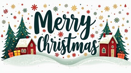 Festive Merry Christmas lettering with whimsical snow houses trees joyful gifts