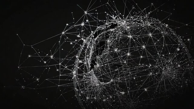 Abstract digital network sphere with glowing nodes and connecting lines on a dark background connection