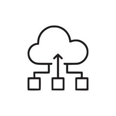 Line drawing of a cloud with an arrow pointing up from three squares connected by lines below it