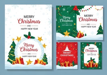 Christmas and new year greeting cards collection with festive trees, gift boxes, stars, and holiday season decorations