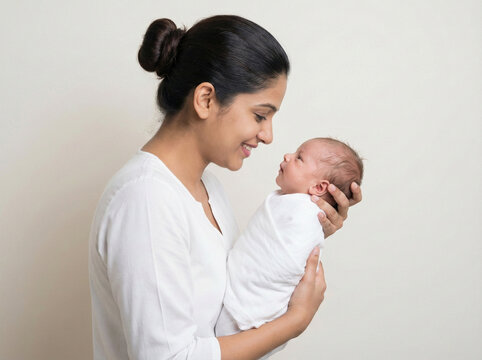 Indian Mother With Tidy Hair Holding Swaddled Newborn Close