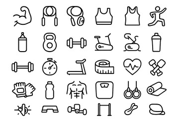 Minimalist line symbols representing fitness, gym, and workout equipment for health apps