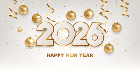 Happy new year 2026. White paper numbers with golden Christmas decoration and confetti on white background. Holiday greeting card design.