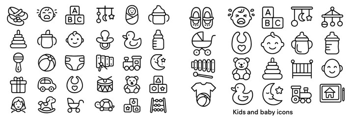 Outline icons set of baby care, feeding, sleeping, and childhood development items