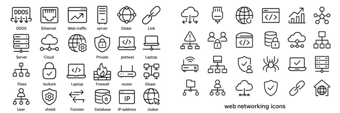 Minimal line icons set for internet technology, network security, and cloud services