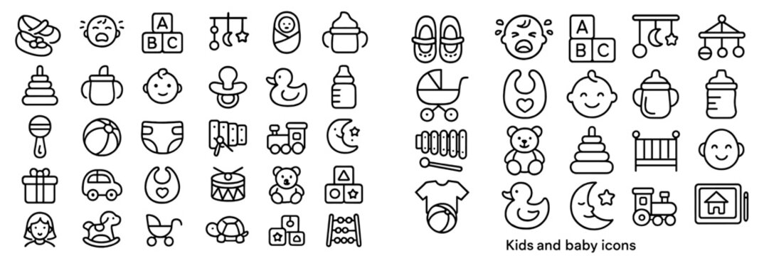 Outline icons set of baby care, feeding, sleeping, and childhood development items