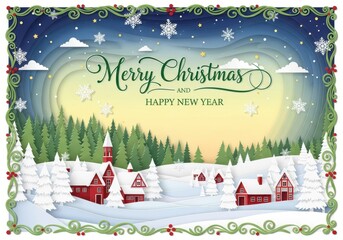 Charming winter landscape with a cozy village, snow, fir trees, and a merry christmas and happy new year message