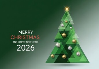 Contemporary geometric christmas tree with golden and silver ornaments, merry christmas and happy new year 2026 on green