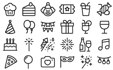 Festive celebration and party symbols for food, drinks, gifts, and decorations