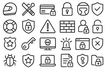 Set of outline symbols for digital security, protection, and safety measures