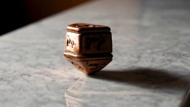 Hand-crafted wooden dreidel spinning on marble counter.
