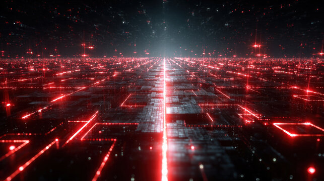 Futuristic abstract technological background showing a vast digital landscape or circuit board. Red lines and data packets moving quickly, representing network, big data, cyber security, technology