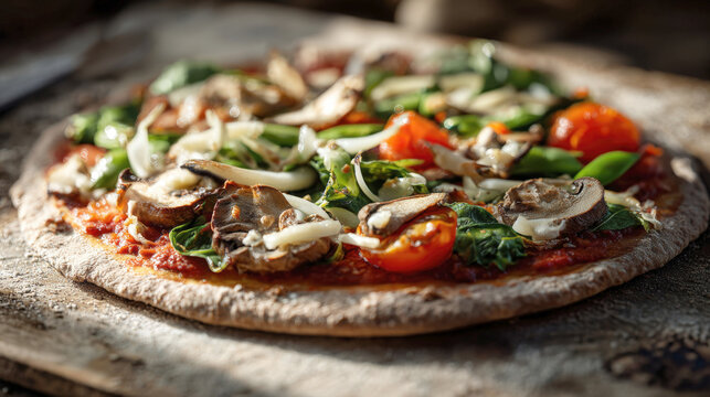 Close-up of an unbaked, healthy whole wheat pizza with tomato sauce, mushrooms, fresh arugula, and vegetables. Rustic, homemade Italian food ready for the oven, resting on wooden peel with flour dust.