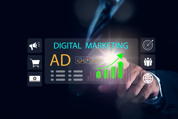 Fototapeta premium Online sales concept of digital marketing, strategy analysis online advertisement, Ad on website and social media. Ads and seo concept