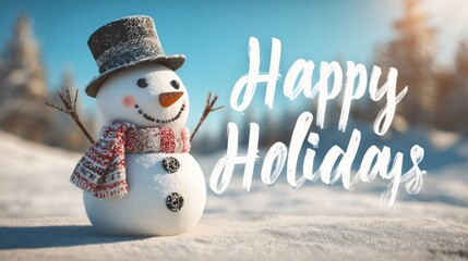 Cheerful snowman in snowy landscape with holiday greeting text and winter backdrop