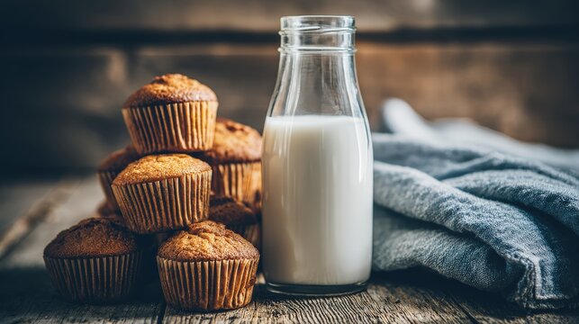 Stack of freshly baked sweet baked goods rests beside a glass bottle filled with white beverage on rustic wooden surface - Powered by Adobe