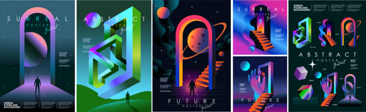 Futuristic surreal vector set featuring neon portal, cosmic planets, impossible shapes, and lone silhouettes. Vibrant sci-fi gradients for poster, album cover, digital art, and fantasy background