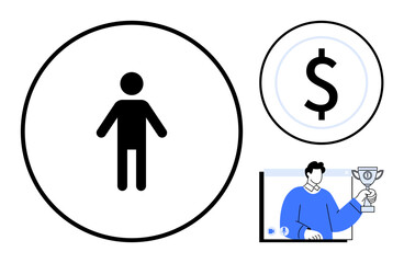 Person icon in a circle, large dollar symbol, and man holding a trophy in a screen highlight personal achievement, financial success, and career rewards. Ideal for business growth, motivation