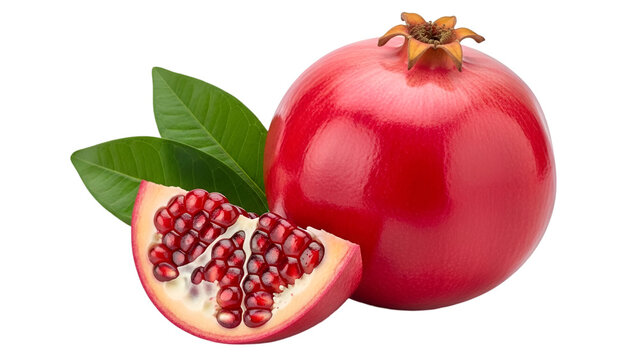 Whole Pomegranate and Slice with Seeds on White Background