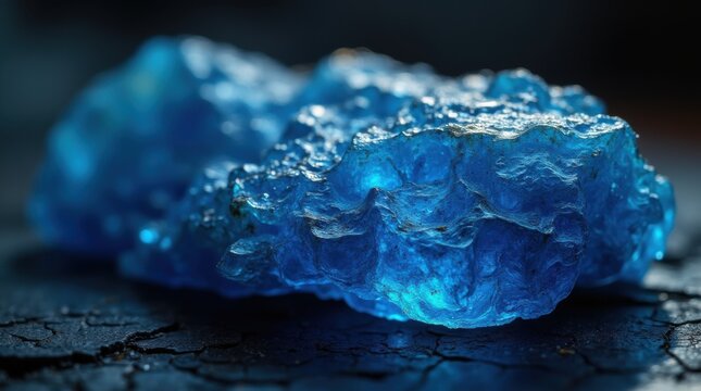 Iridescent blue mineral chunk showing lava cracks under moody studio glow macro