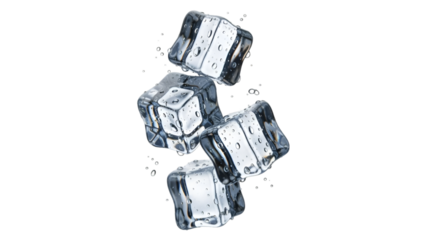 Four Ice Cubes Falling with Water Droplets frozen cold