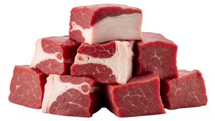 Stacked Cubes of Raw Beef with Fat and Bone on White Background