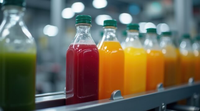 Juice packaging plant with colorful bottles moving along conveyor industrial setting