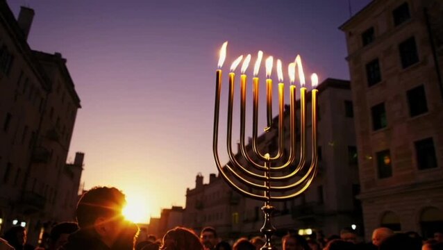 Street menorah lighting in Jerusalem at sunset, cinematic lens flare.
