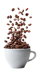 Obraz premium A white coffee cup filled with coffee beans is shown in the air isolated on transparent background