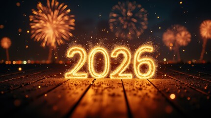 Midnight New Year 2026 clock countdown with exploding fireworks and champagne