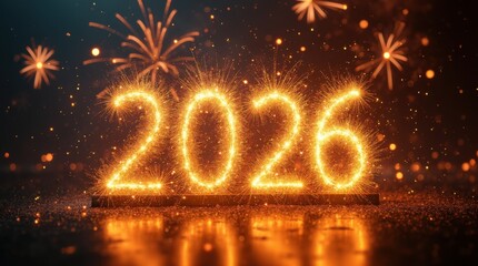 Midnight New Year 2026 clock countdown with exploding fireworks and champagne