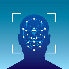 Face recognition icon with biometric symbol. Vector illustration. Concept of facial recognition, Face ID system, biometric identification, and face-scan system. Cybersecurity concept.
