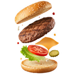 Delicious burger assembly kitchen setting food photography bright environment close-up view culinary art