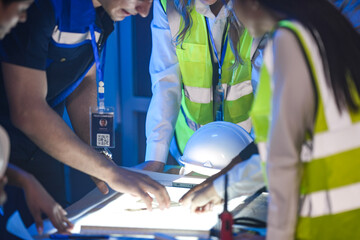 A close up of an engineering team collaborating at night. Hands point at a glowing blueprint on a light table, with a hardhat and walkie talkie on the desk.