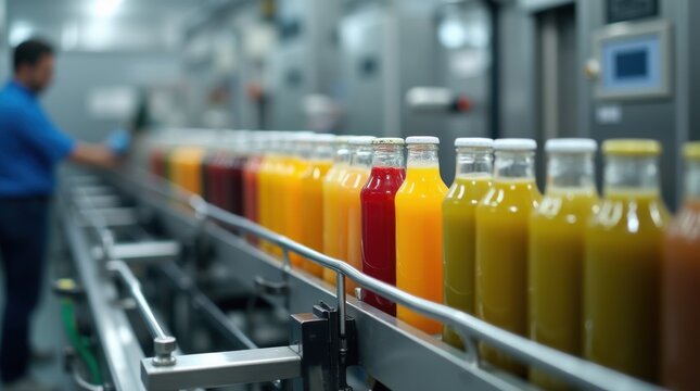 Modern industrial production line bottling natural juices on conveyor belt