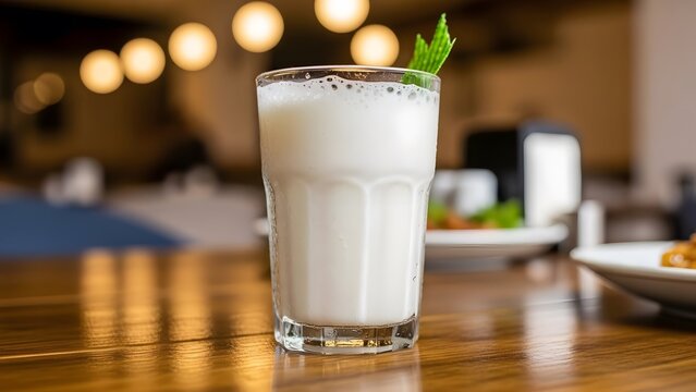 A glass of ayran with mint garnish on a wooden table in a restaurant setting with blurred background