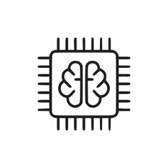 A minimalist line art illustration of a brain inside a computer chip on a white background