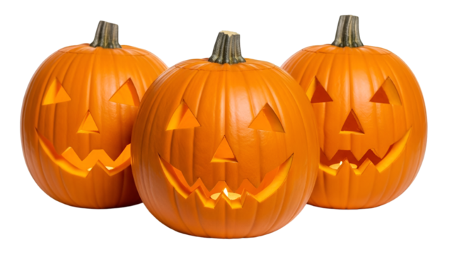 Three Jack-o'- Lantern Carved Pumpkins halloween jack-o-lantern