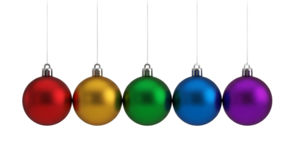 Five Colorful Christmas Ornaments Hanging on Strings