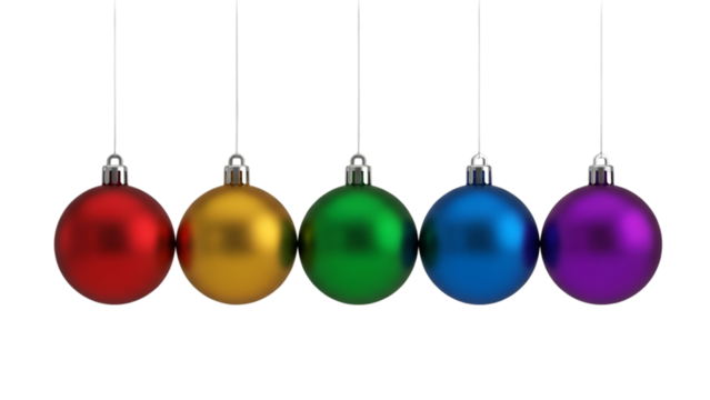 Five Colorful Christmas Ornaments Hanging on Strings