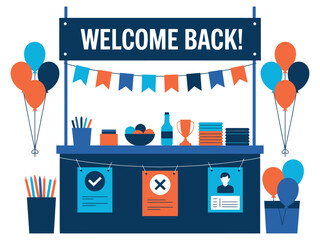 A festive welcome back booth is decorated with balloons and banners and offers treats and information.