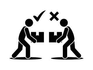 Stick figures demonstrate correct and incorrect ways to carry a box, with checkmark and cross symbols.