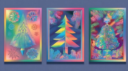 Christmas and New Year color holographic neon card set.