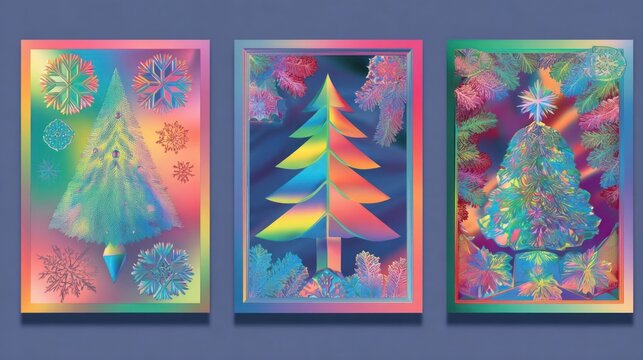 Christmas and New Year color holographic neon card set.