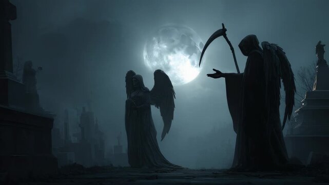 Grim Reaper standing with angel with dark robes and a skeletal face standing on the edge of a cemetery graveyard, with a full moon
