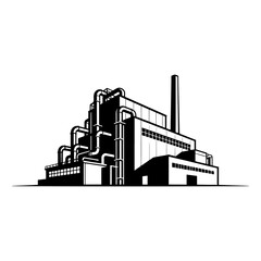 Industrial Factory Building with Smokestack and Pipes