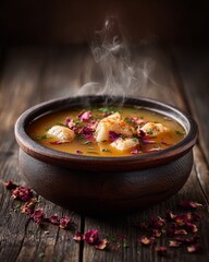 Gently Steaming Fish Soup with Floral Petals on Rustic Wooden Table